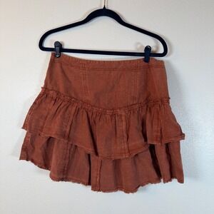 Free People Rust Orange Ruffled Mini Skirt Cotton Tiered Raw Hem Boho Womens 12